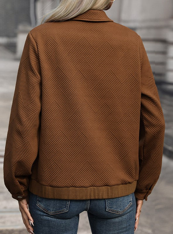 Textured Herringbone Zip Front Bomber Jacket - Coffee - 7