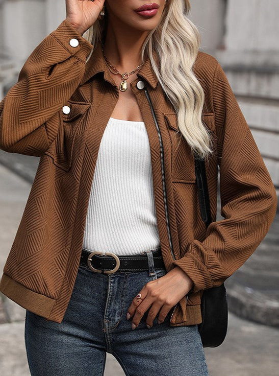 Textured Herringbone Zip Front Bomber Jacket - Coffee - 8