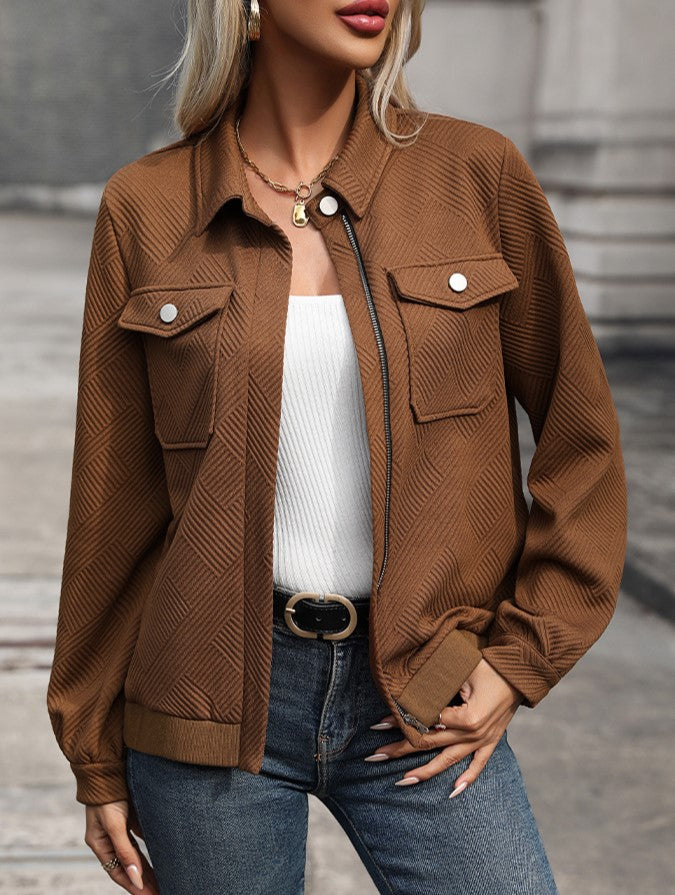 Textured Herringbone Zip Front Bomber Jacket