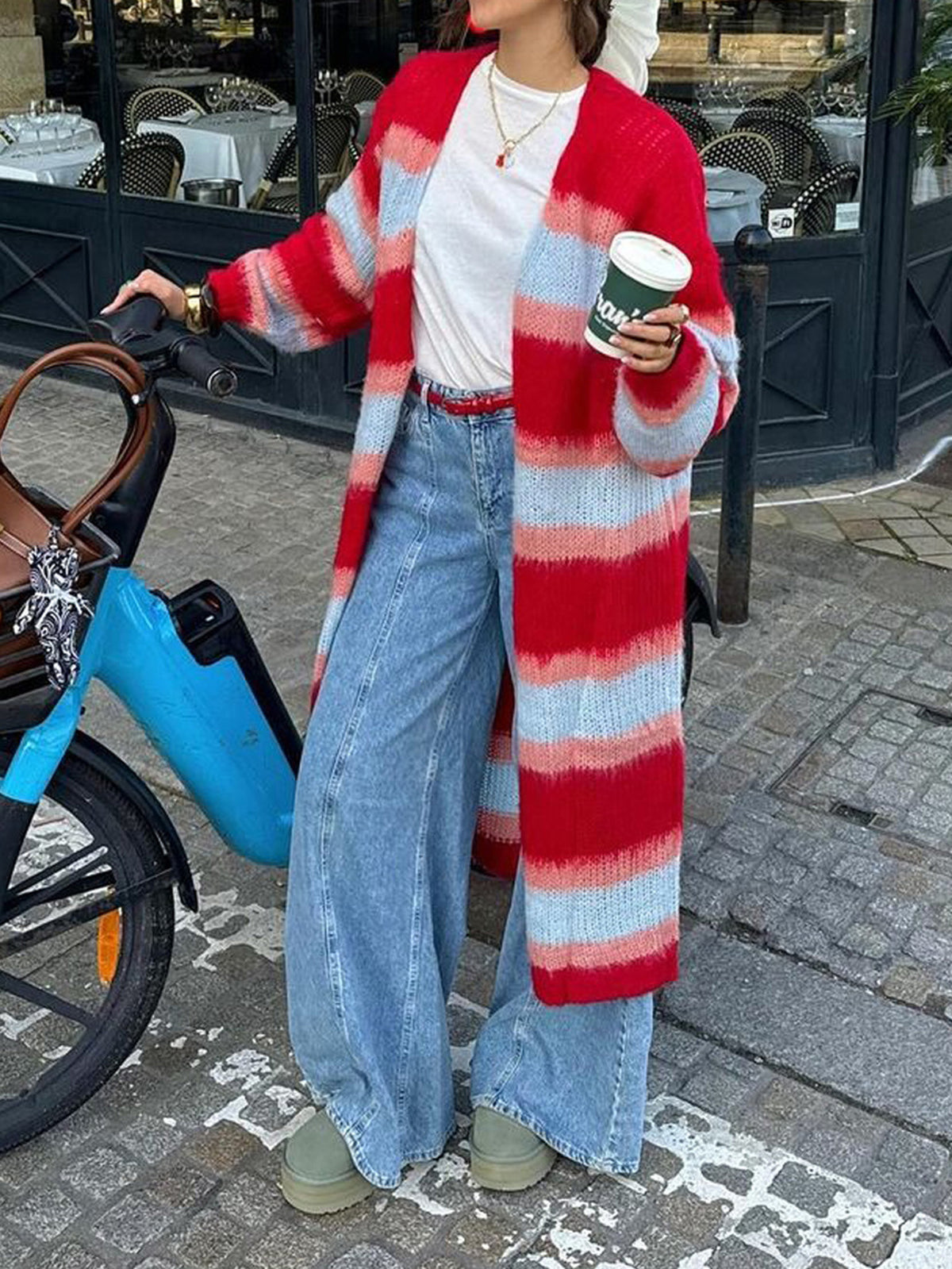 Ombre Stripe Longline Knit Duster Cardigan - Red