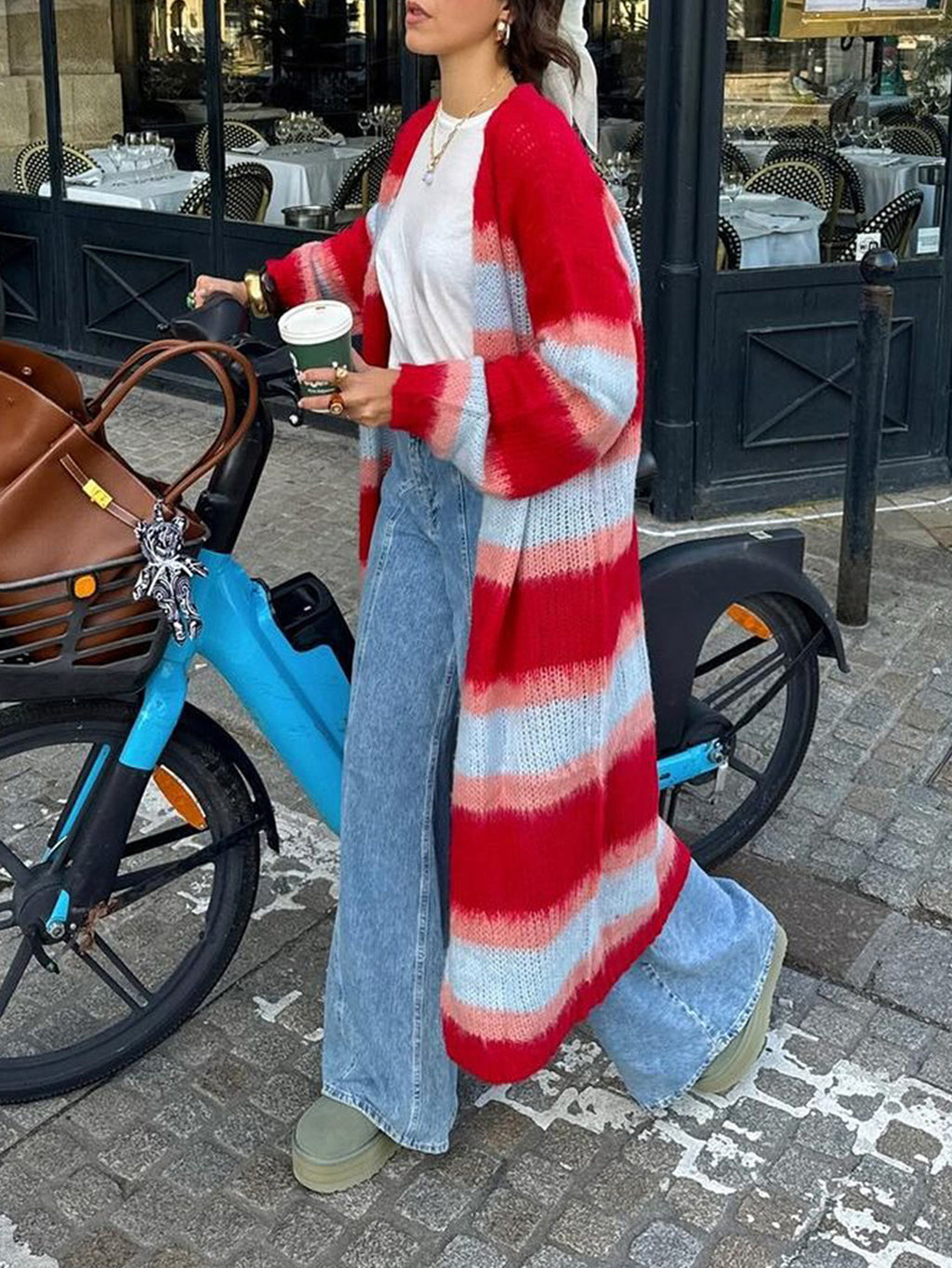 Ombre Stripe Longline Knit Duster Cardigan - Red - 1