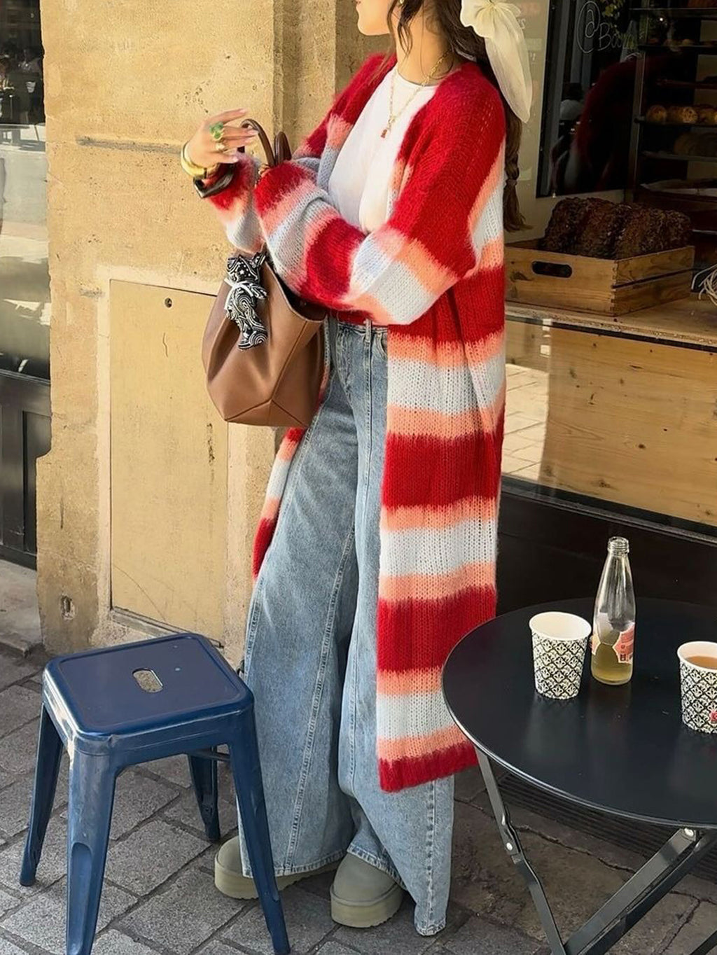 Ombre Stripe Longline Knit Duster Cardigan - Red - 2