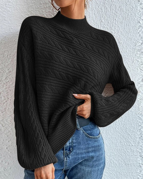 Mock Neck Twist Knit Oversized Sweater - Black