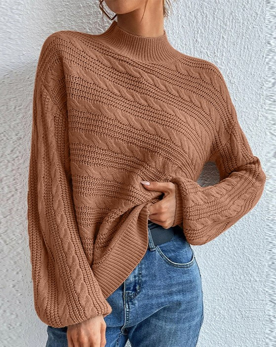 Mock Neck Twist Knit Oversized Sweater - Brown