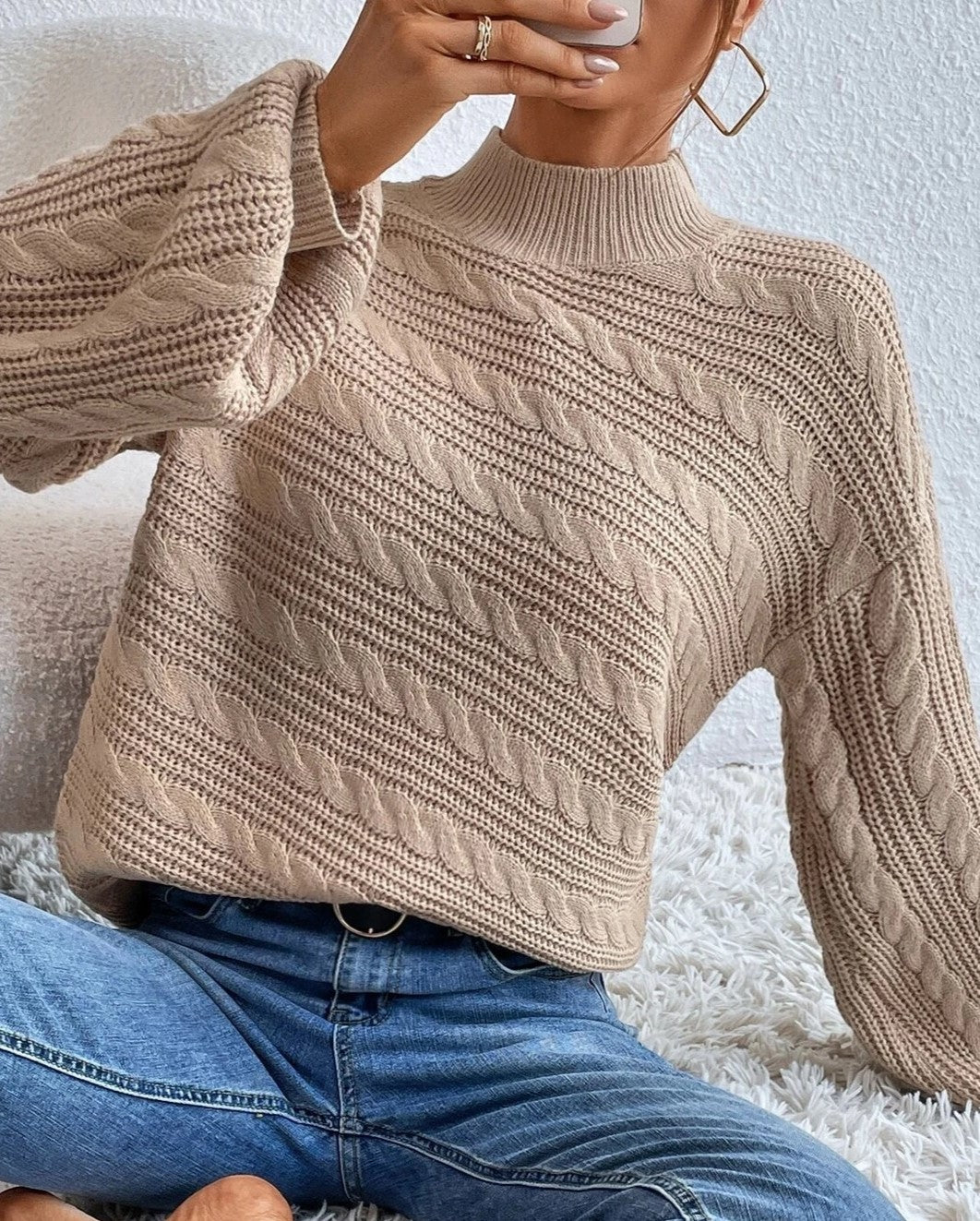 Mock Neck Twist Knit Oversized Sweater - Khaki
