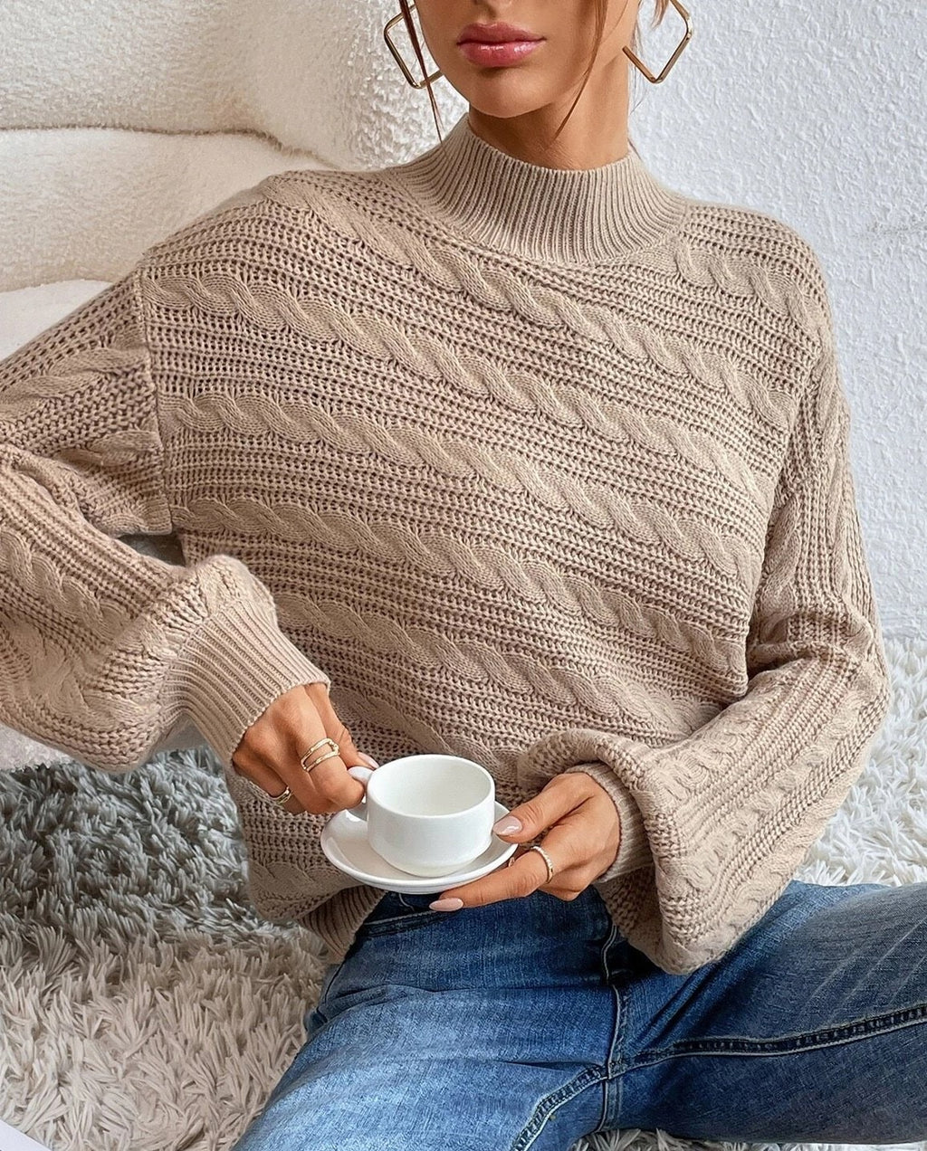 Mock Neck Twist Knit Oversized Sweater - Khaki - 1