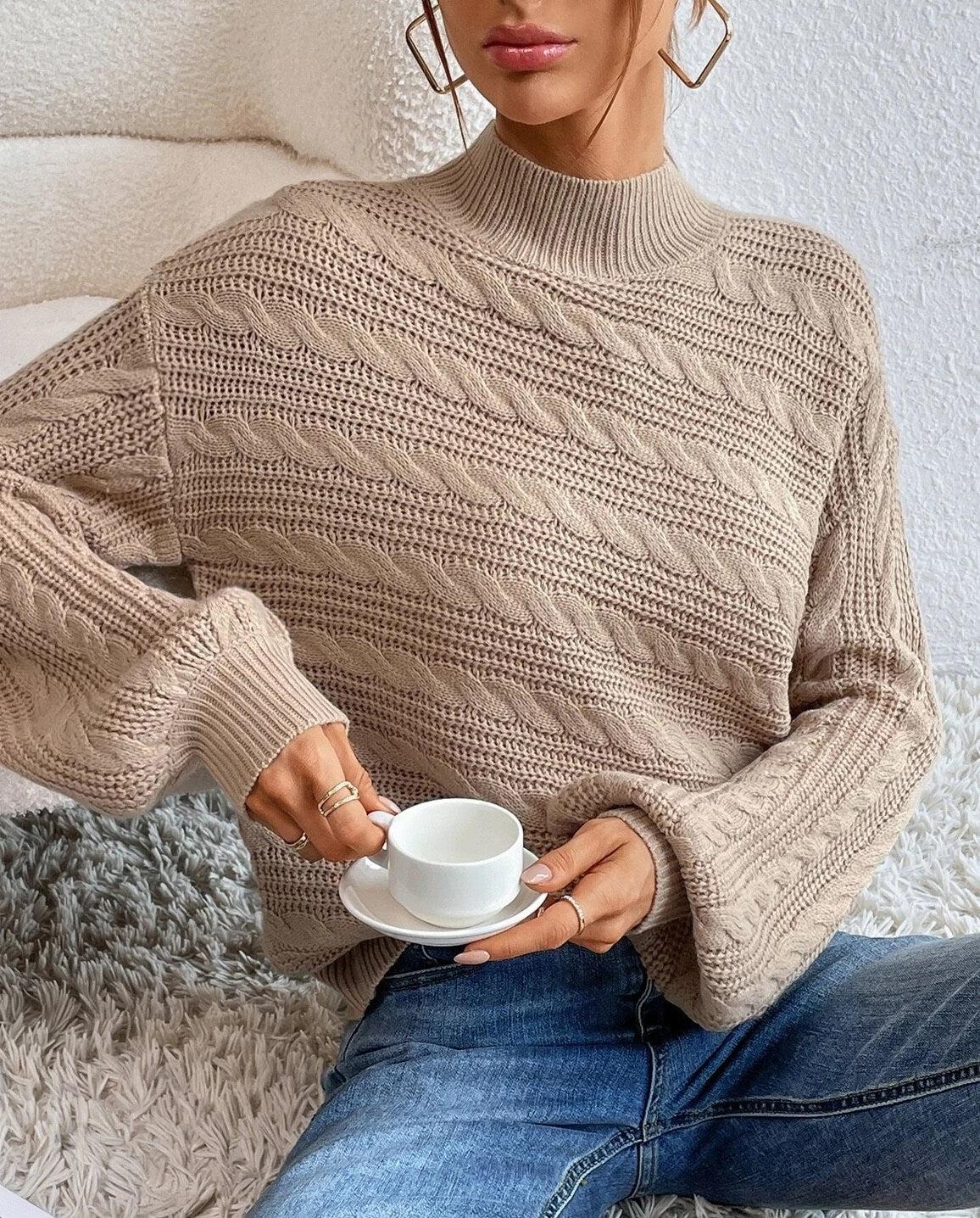 Mock Neck Twist Knit Oversized Sweater - Khaki - 1