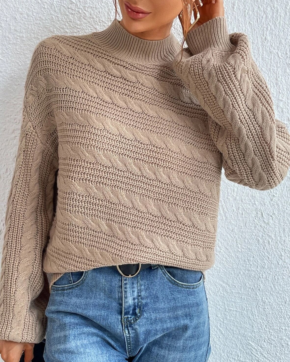 Mock Neck Twist Knit Oversized Sweater - Khaki - 2