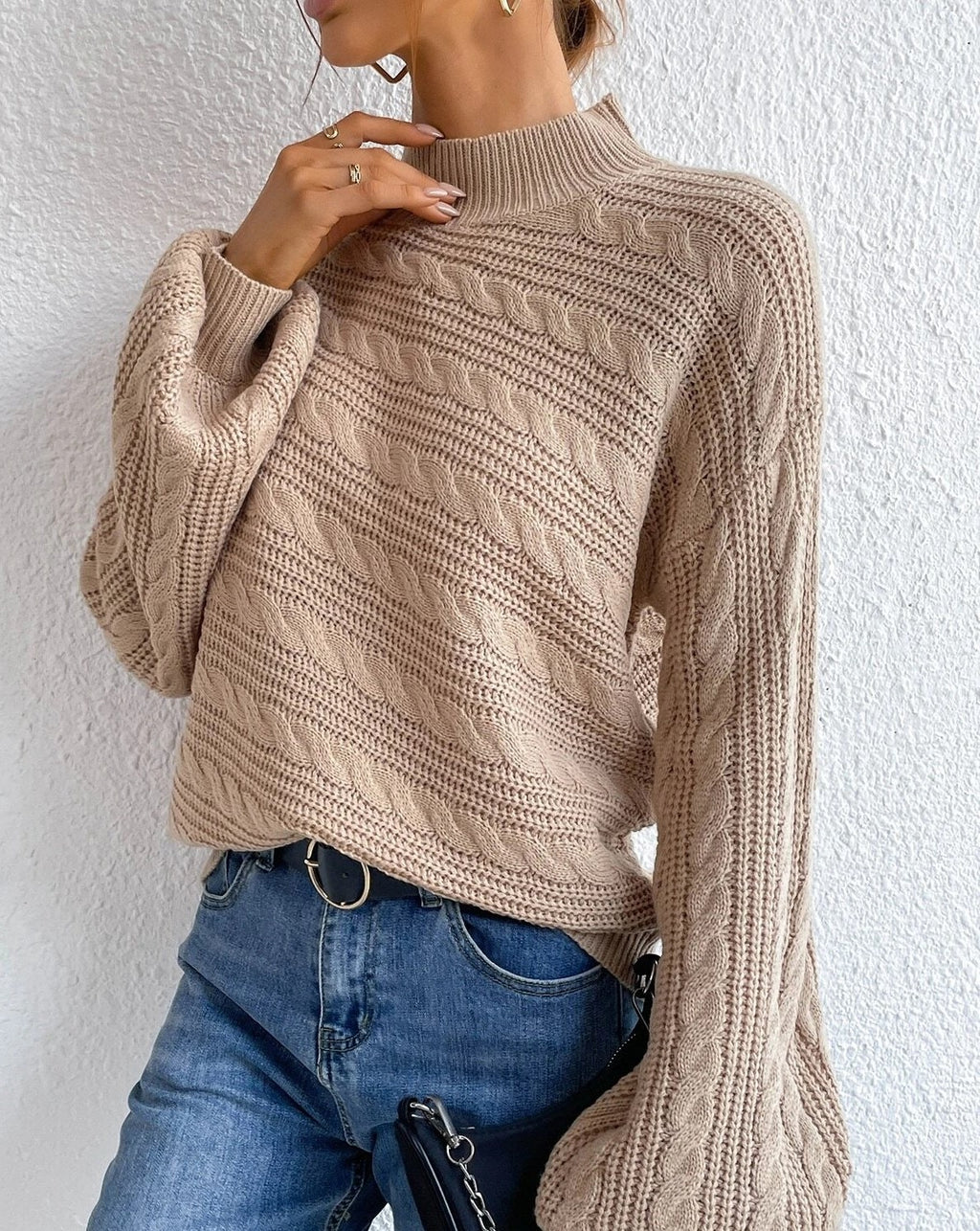 Mock Neck Twist Knit Oversized Sweater - Khaki - 3