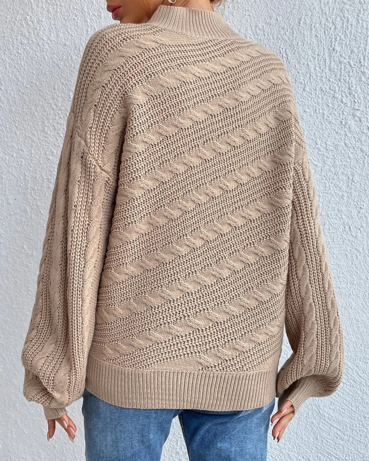 Mock Neck Twist Knit Oversized Sweater - Khaki - 4
