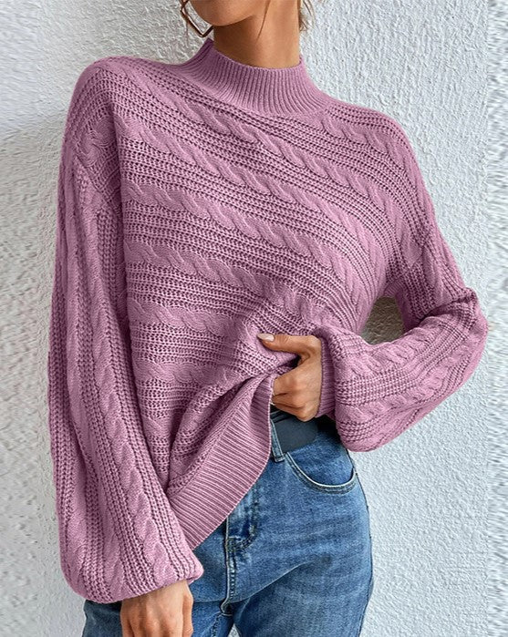 Mock Neck Twist Knit Oversized Sweater - Purple