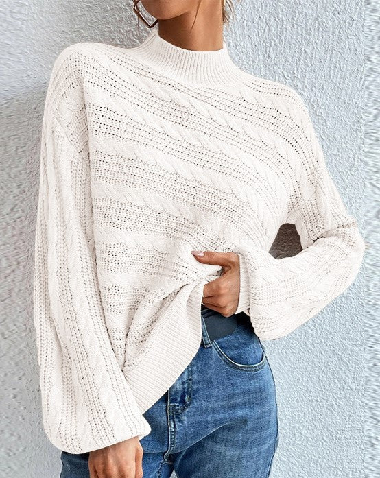 Mock Neck Twist Knit Oversized Sweater - White