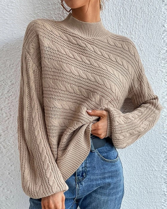 Mock Neck Twist Knit Oversized Sweater