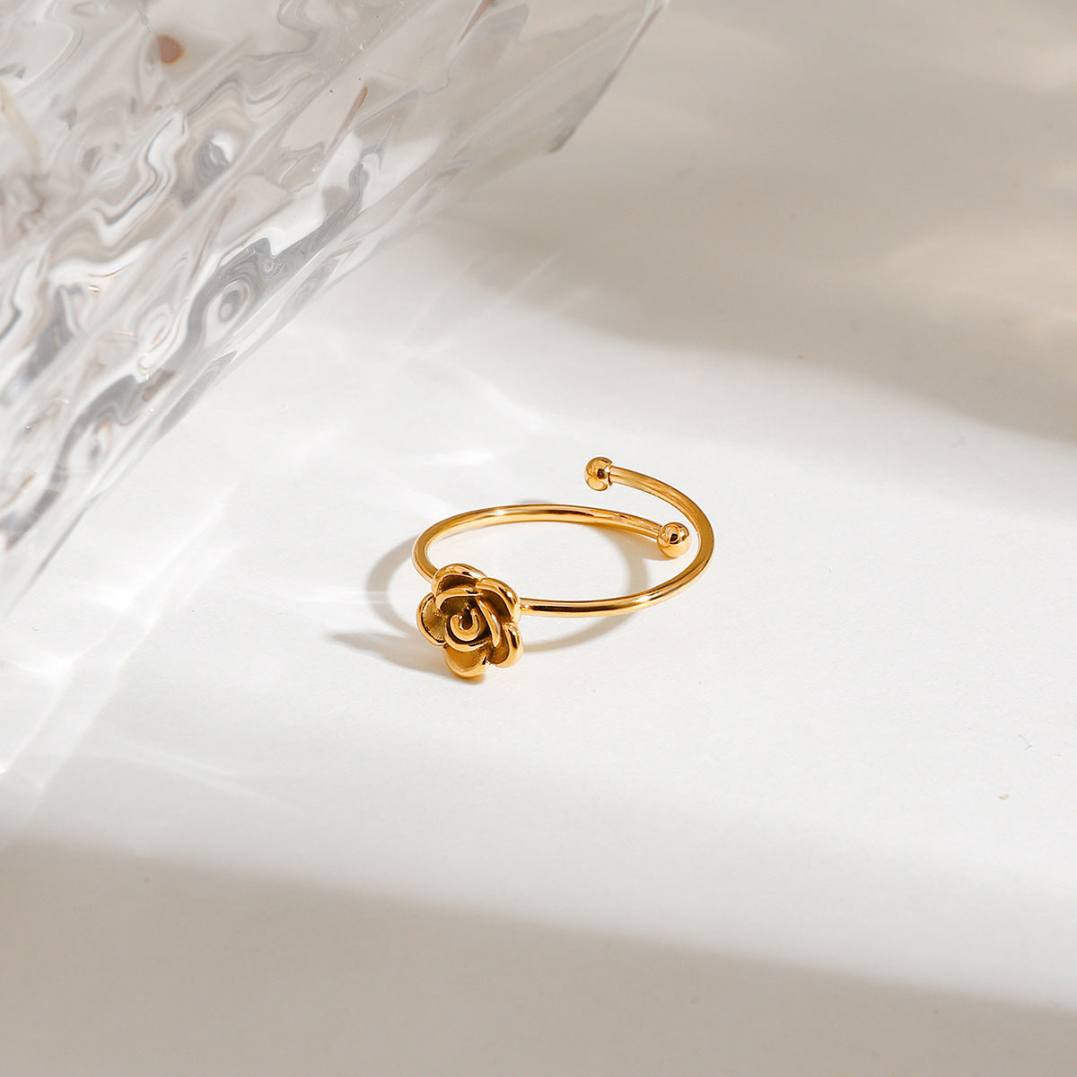Dainty Rose Adjustable Open Ring - Gold - 2