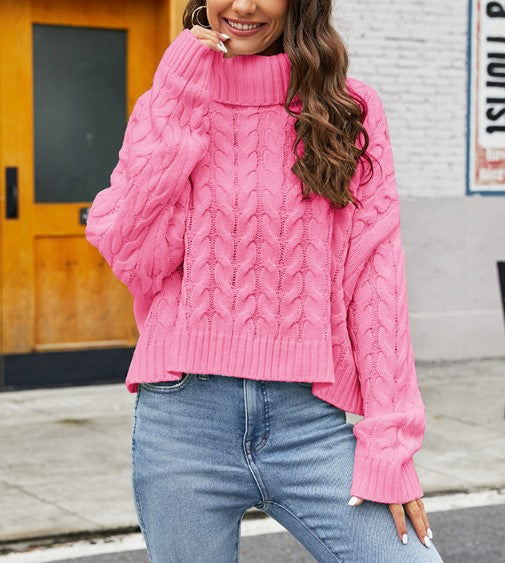 Slouchy Roll Neck Cable Sweater - Pink