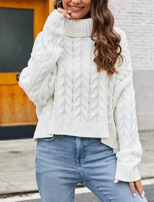 Slouchy Roll Neck Cable Sweater - White - 1