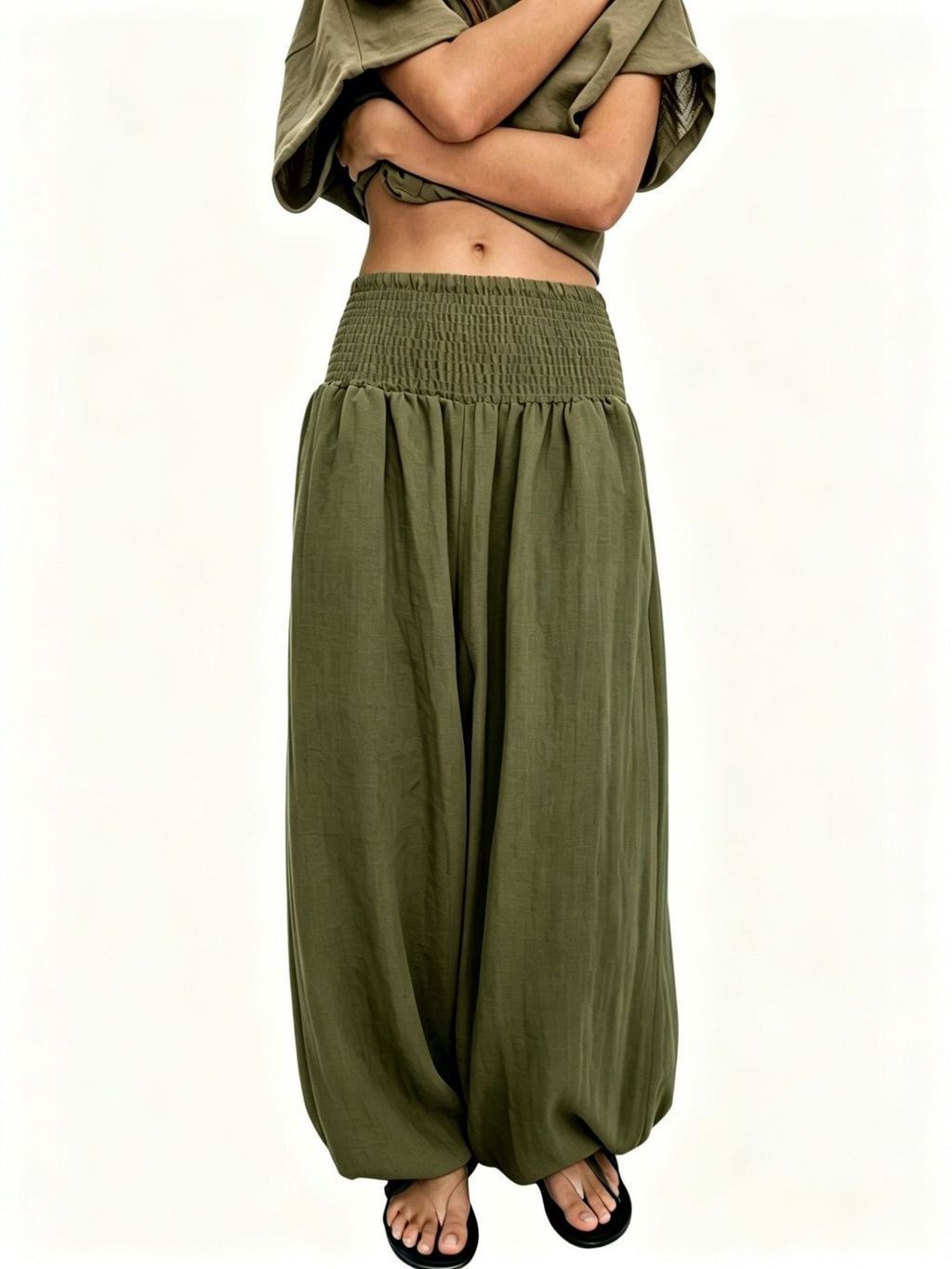 Boho Shirred Waistband Baggy Harem Pants - ArmyGreen