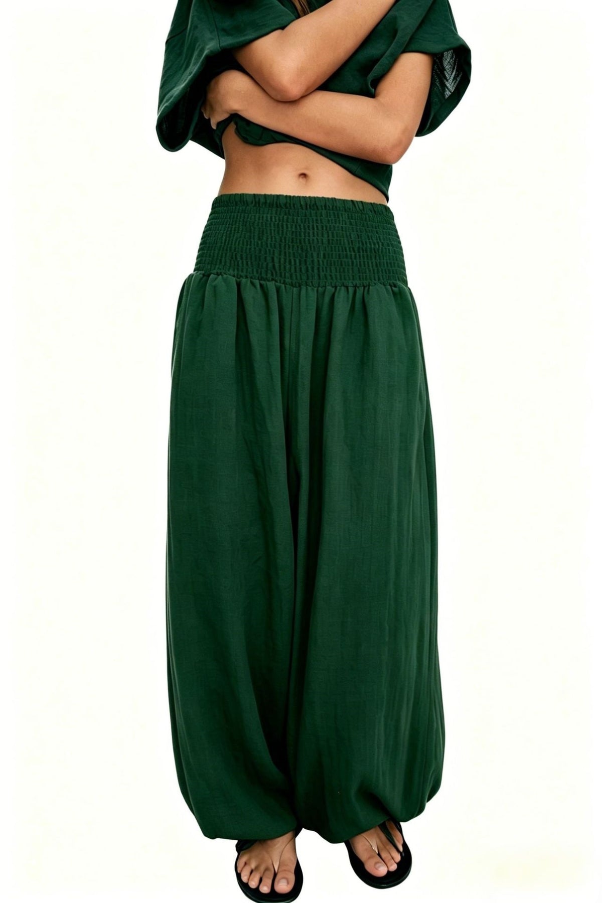Boho Shirred Waistband Baggy Harem Pants - Green