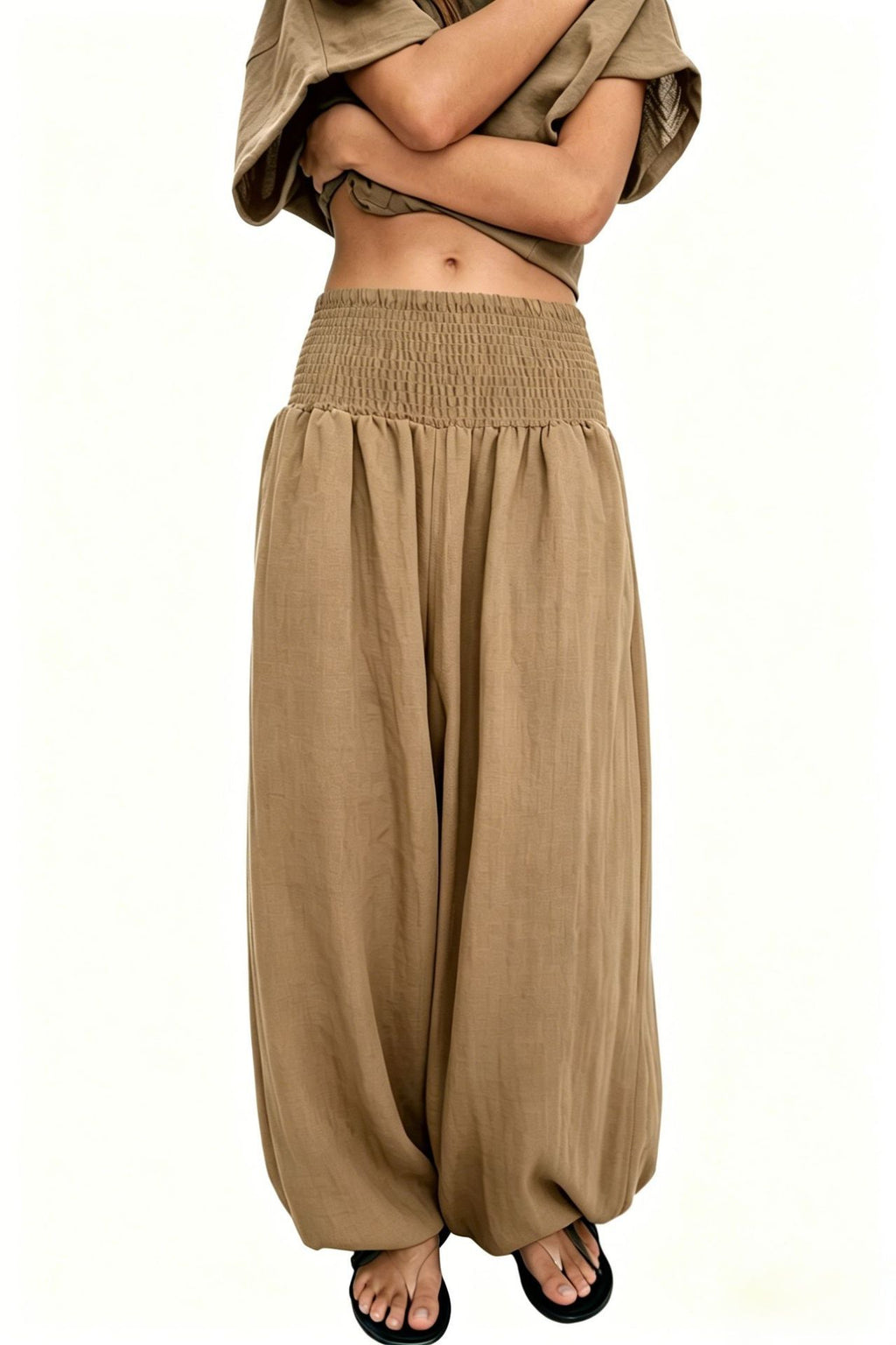 Boho Shirred Waistband Baggy Harem Pants - Khaki