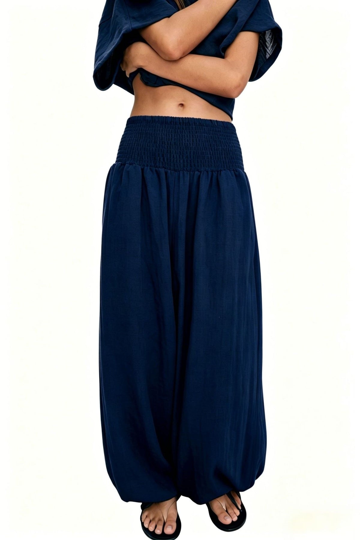 Boho Shirred Waistband Baggy Harem Pants - Navy