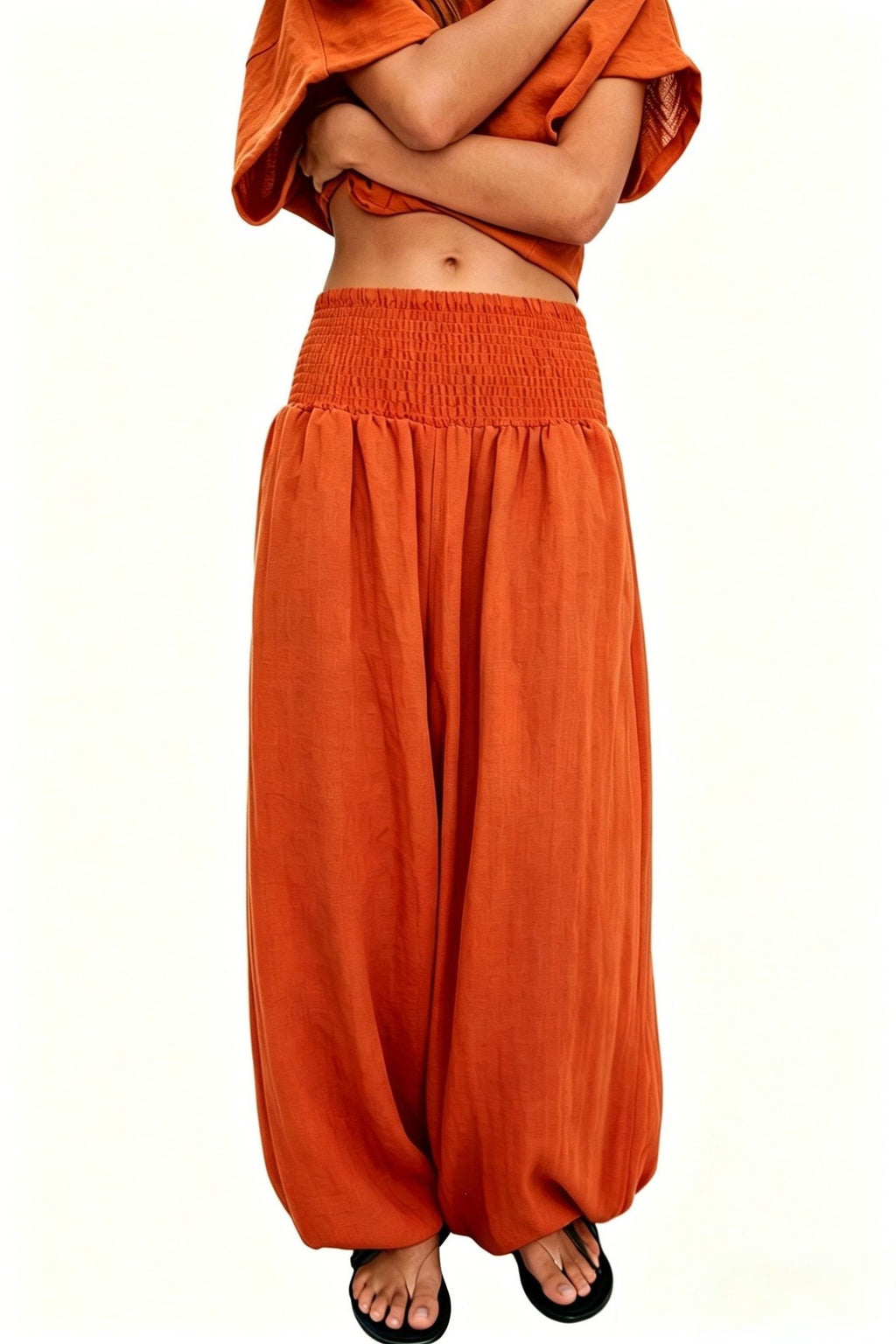 Boho Shirred Waistband Baggy Harem Pants - Orange