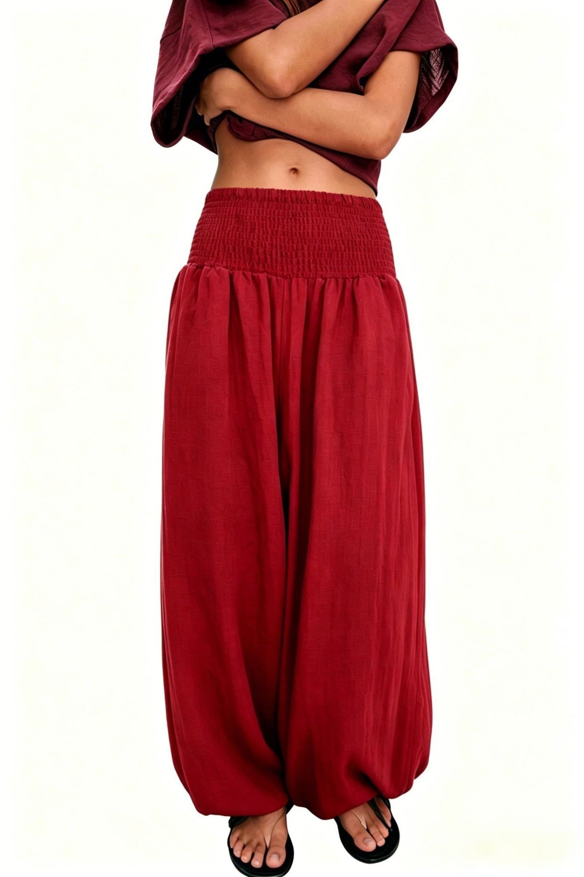 Boho Shirred Waistband Baggy Harem Pants - Red