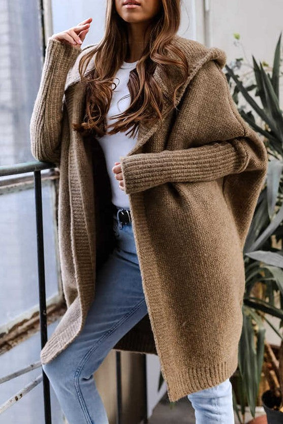 Oversized Hooded Cocoon Knit Cardigan - Taupe