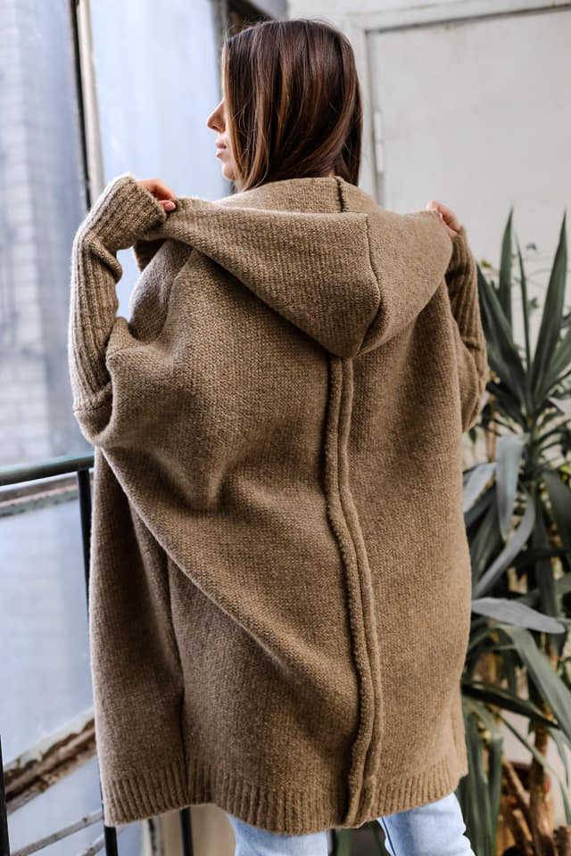 Oversized Hooded Cocoon Knit Cardigan - Taupe - 2