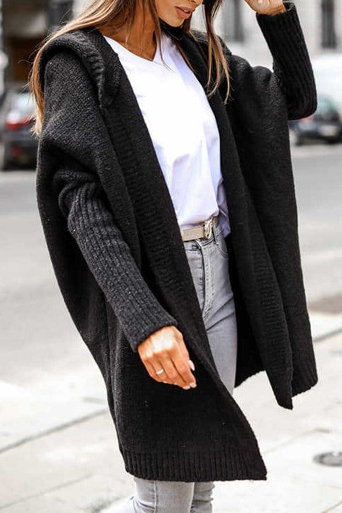 Oversized Hooded Cocoon Knit Cardigan - black