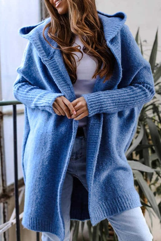 Oversized Hooded Cocoon Knit Cardigan - blue