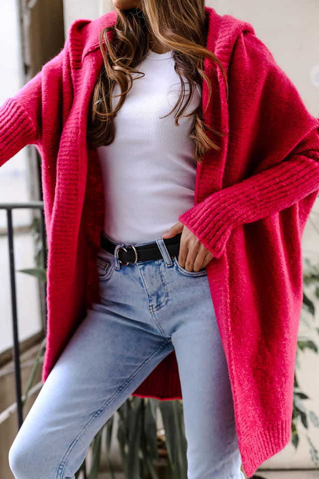 Oversized Hooded Cocoon Knit Cardigan - red