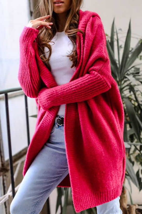 Oversized Hooded Cocoon Knit Cardigan - red - 1