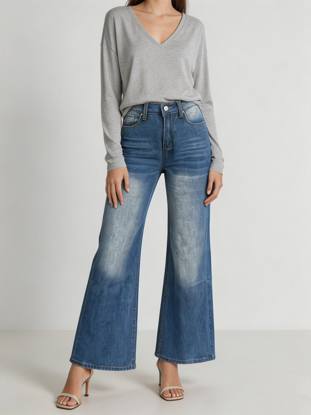 High Rise Light Wash Wide Leg Jeans - Blue - 2