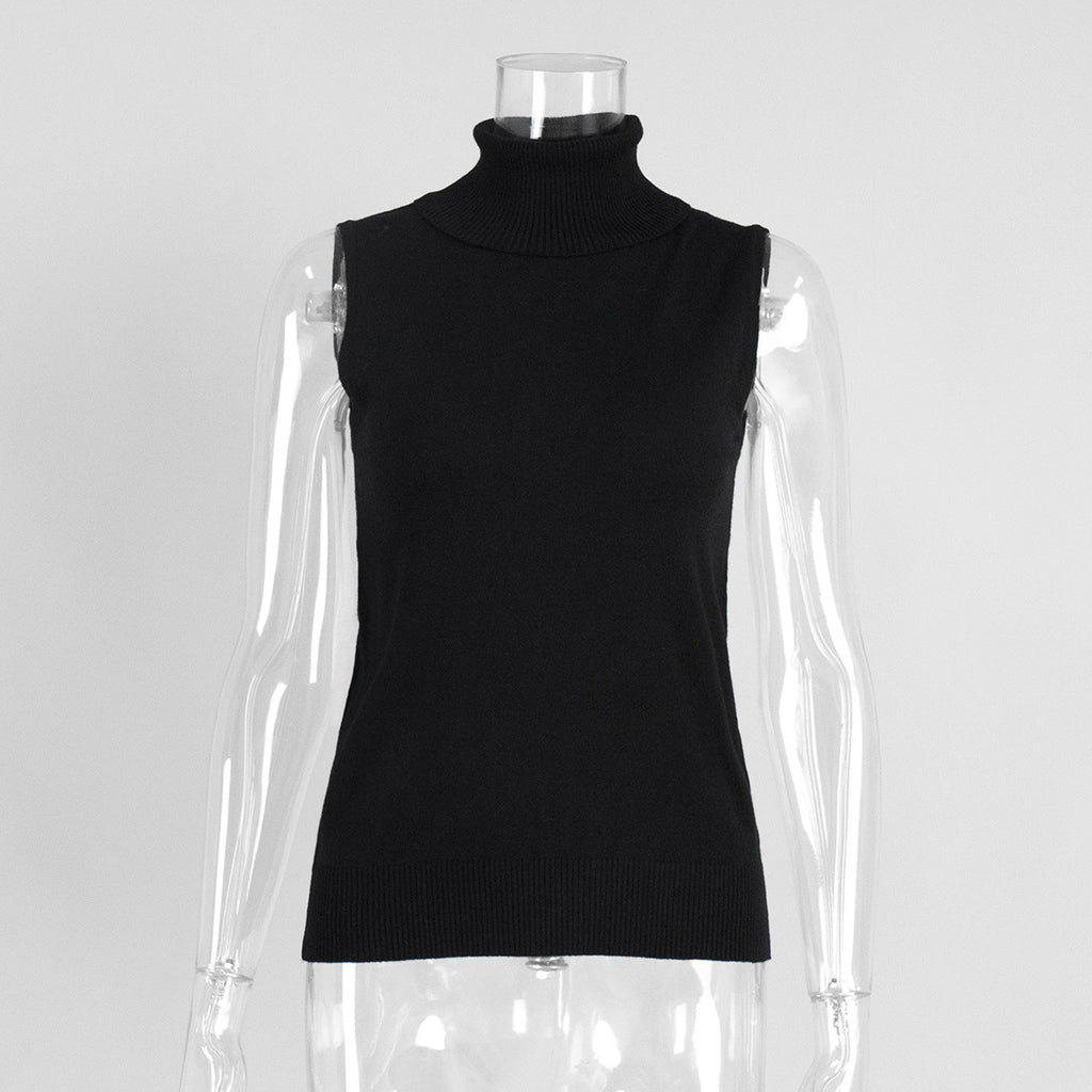 Sleeveless Turtleneck Knit Vest Top - Black