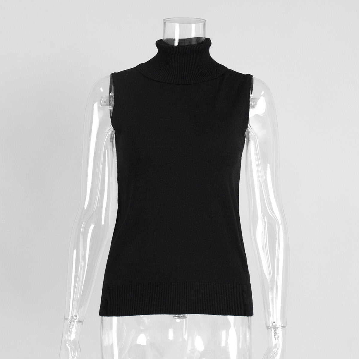Sleeveless Turtleneck Knit Vest Top - Black