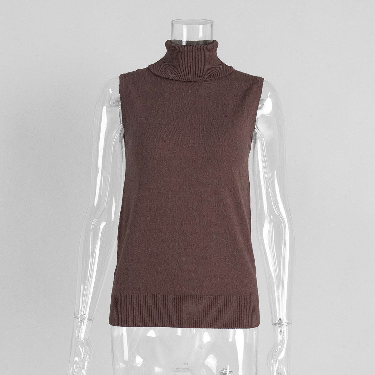 Sleeveless Turtleneck Knit Vest Top - Coffee
