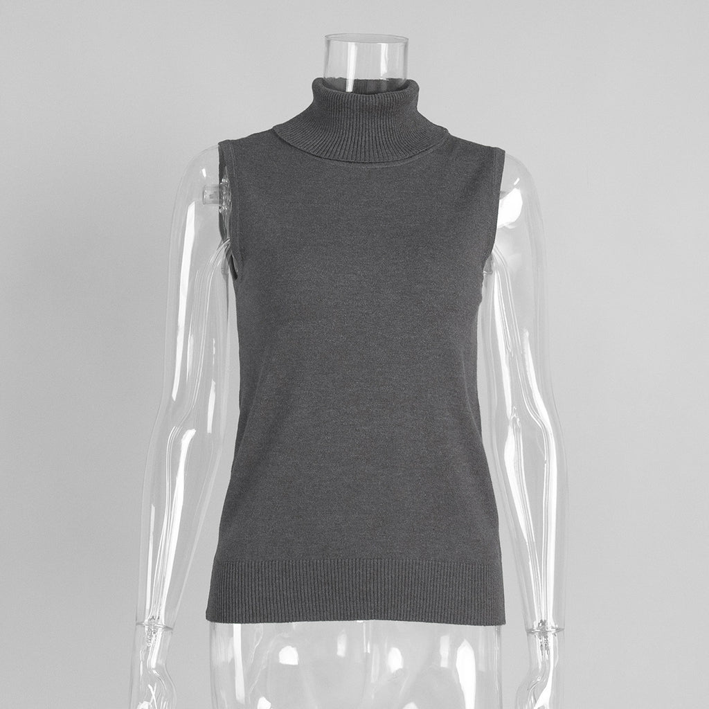 Sleeveless Turtleneck Knit Vest Top - Grey