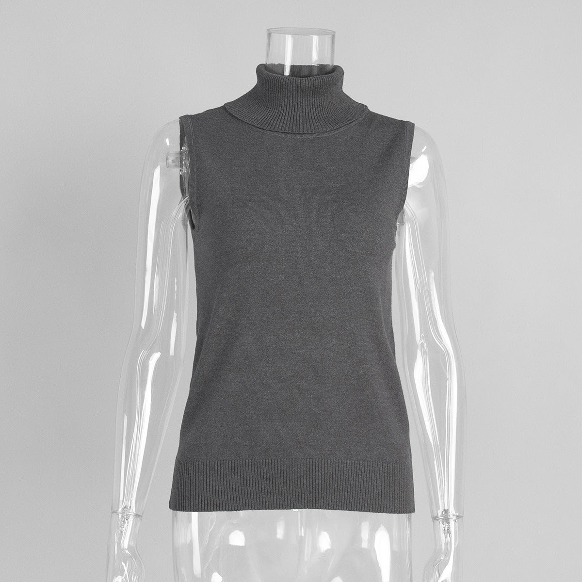 Sleeveless Turtleneck Knit Vest Top - Grey