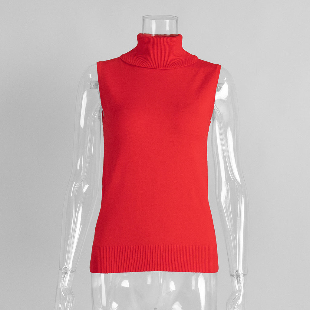Sleeveless Turtleneck Knit Vest Top - Red
