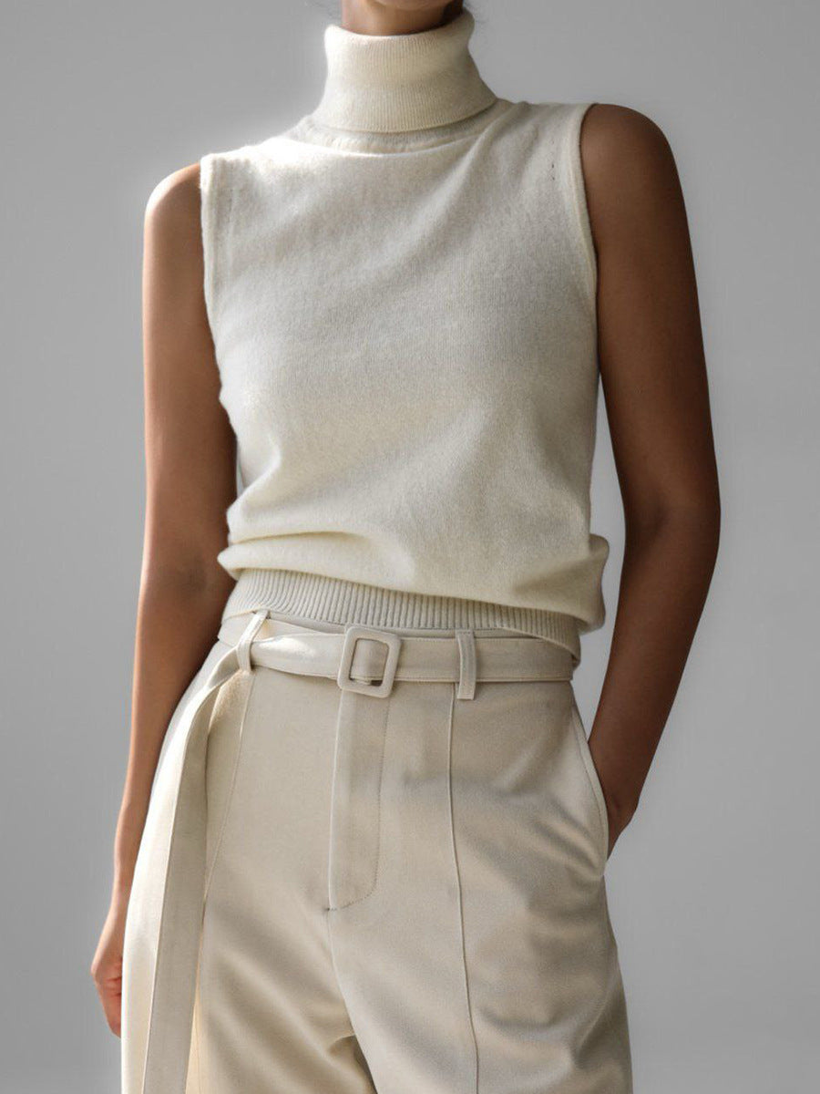 Sleeveless Turtleneck Knit Vest Top - White