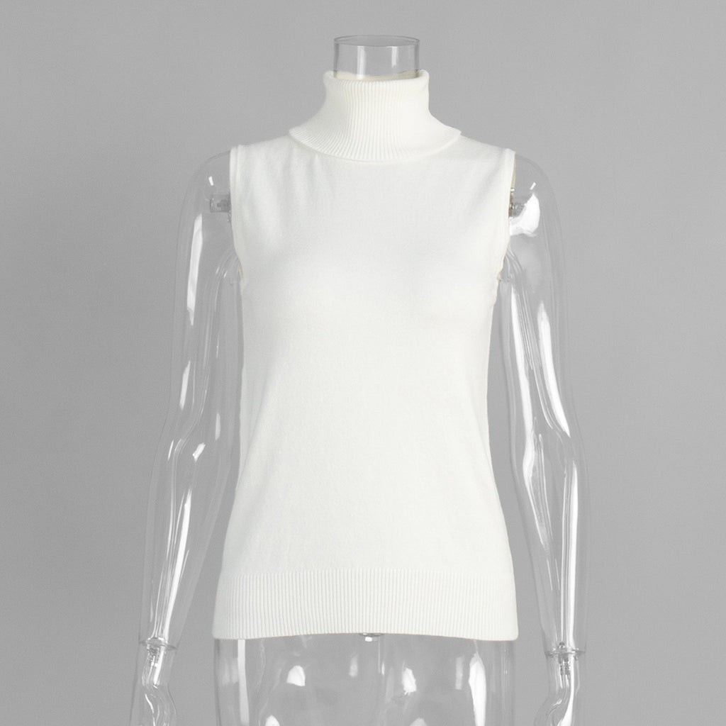Sleeveless Turtleneck Knit Vest Top - White - 1