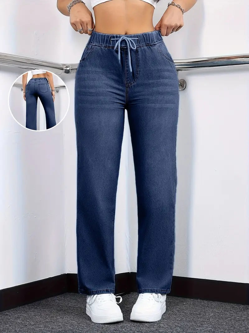 Comfort Waist Straight Leg Pull On Jeans - DarkBlue