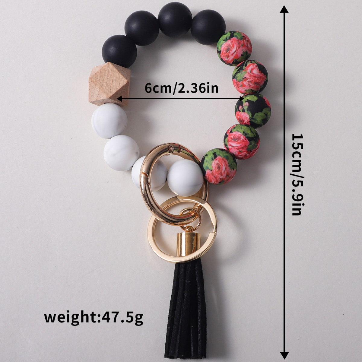 Floral Bead Bangle Keychain With Tassel - Black