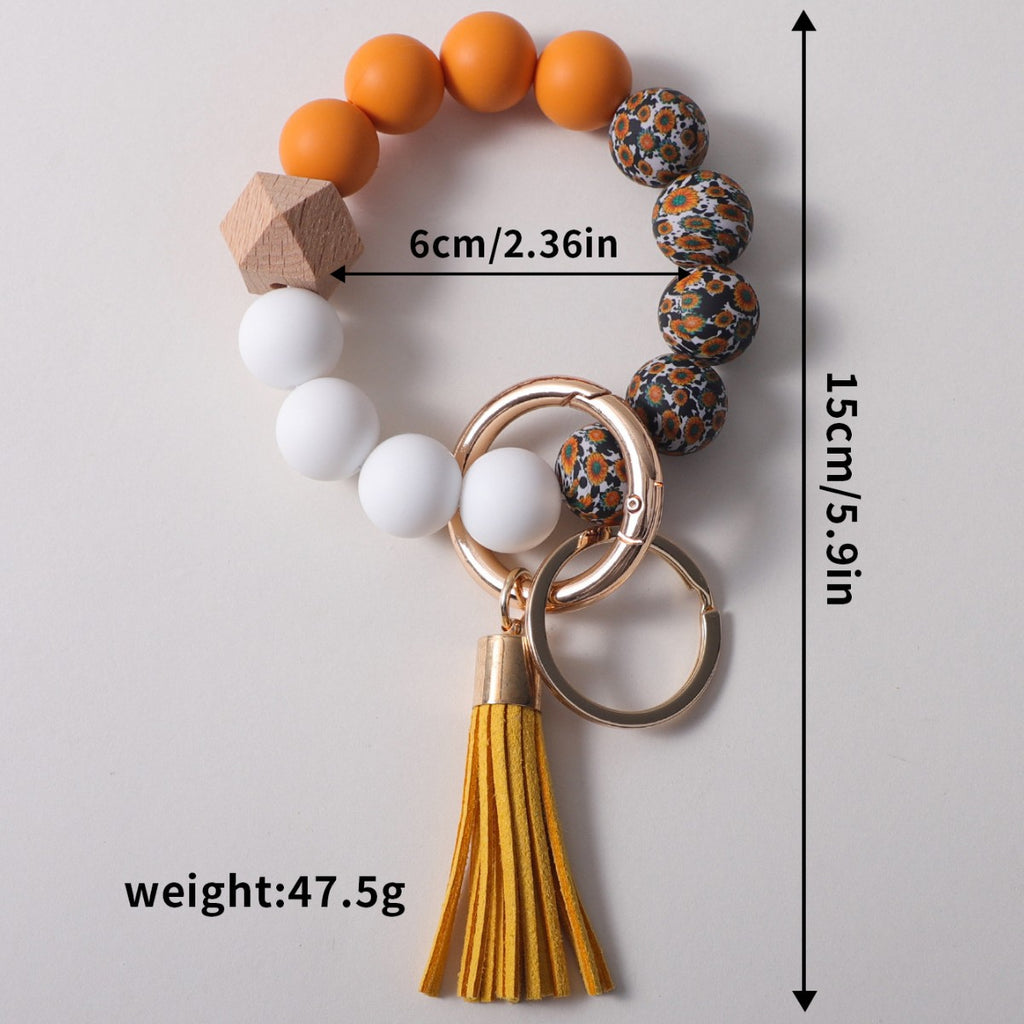 Floral Bead Bangle Keychain With Tassel - Coral