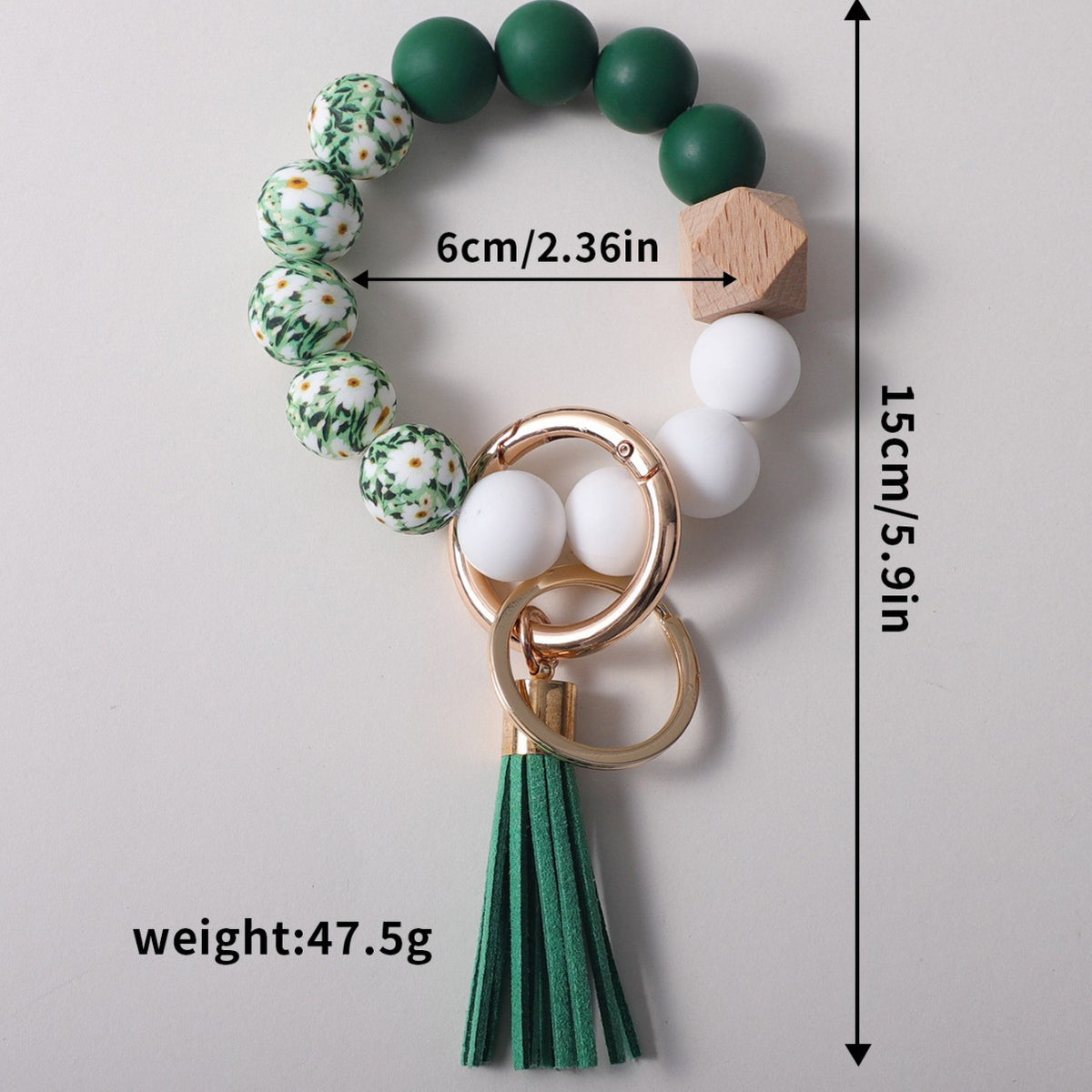 Floral Bead Bangle Keychain With Tassel - Green