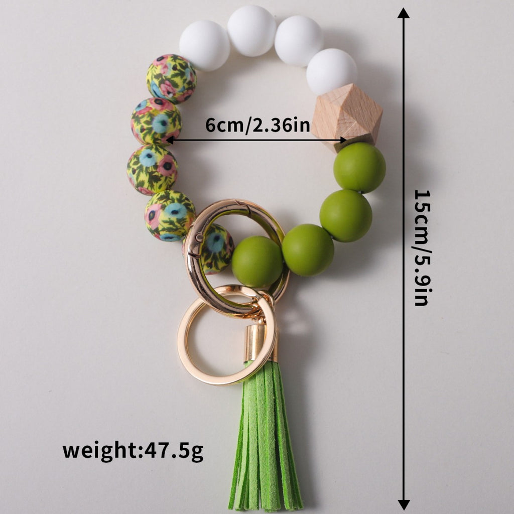 Floral Bead Bangle Keychain With Tassel - Olive