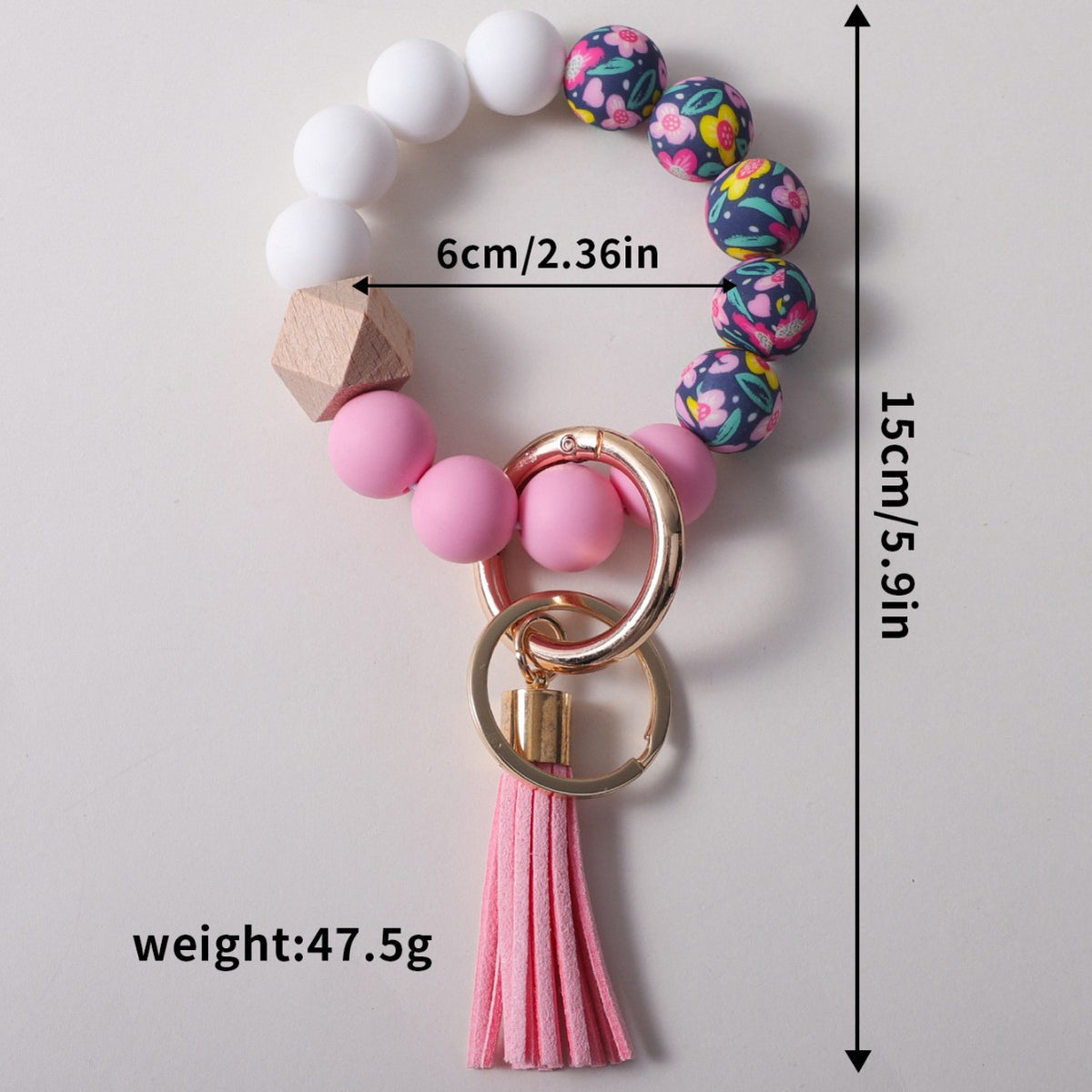 Floral Bead Bangle Keychain With Tassel - Pink