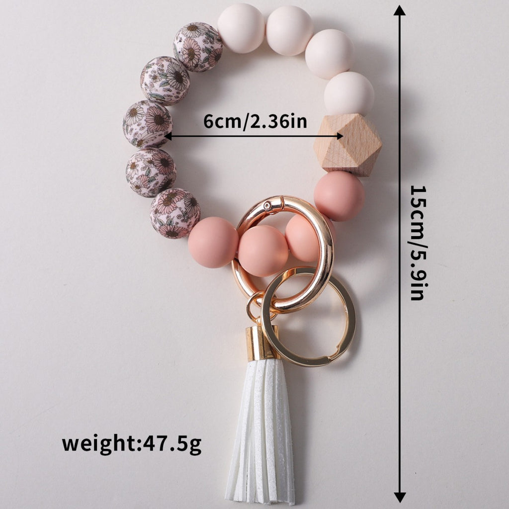 Floral Bead Bangle Keychain With Tassel - PinkWhite