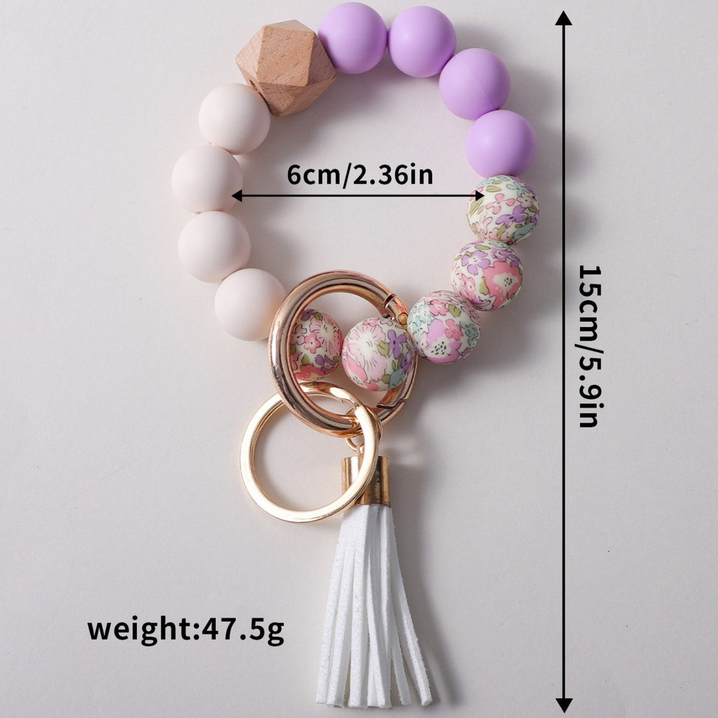 Floral Bead Bangle Keychain With Tassel - White