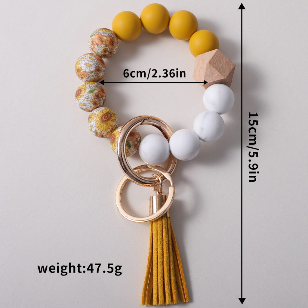 Floral Bead Bangle Keychain With Tassel - Yellow